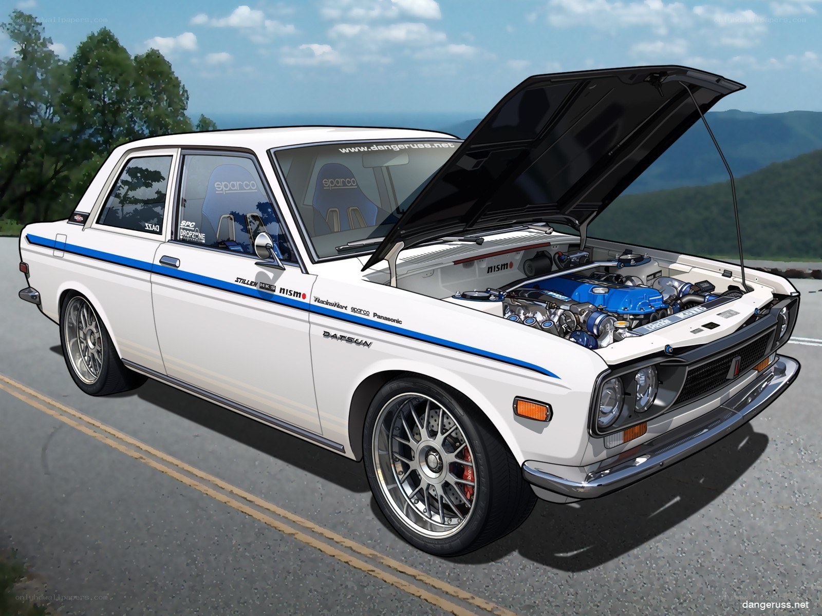 White Datsun with open hood