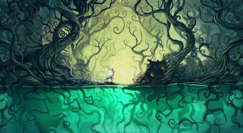 White Deer in Forest — Green, Mysterious