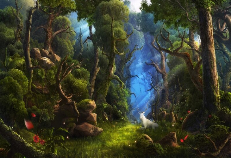 White Deer in Forest — Green, Serene, Morning