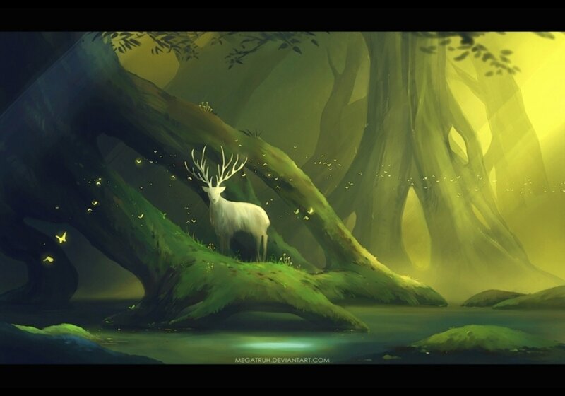 White Deer in Forest — Green, Serene, Night