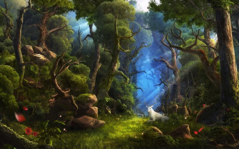 White Deer in Forest — Green, Serene
