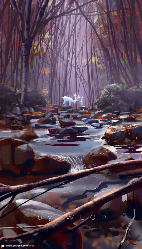 White Deer in Forest — Purple, Serene