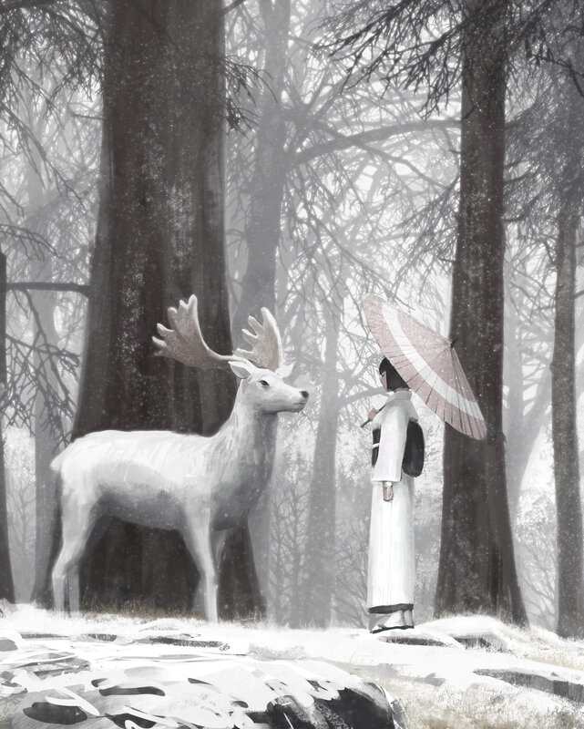 White Deer in Forest — Serene, Winter