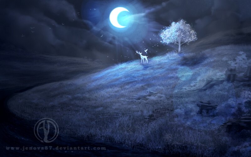 White Deer on Hill — Blue, Serene