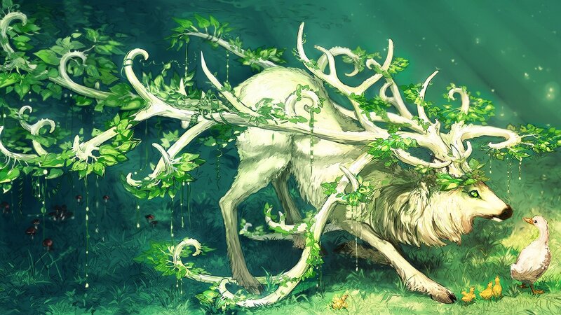White Deer with Antlers — Green, Serene, Night