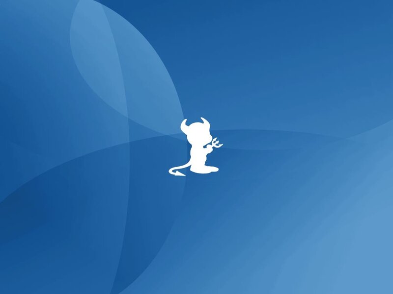 white devil icon on blue background