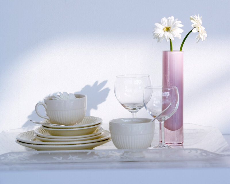 White Dishes and Flowers