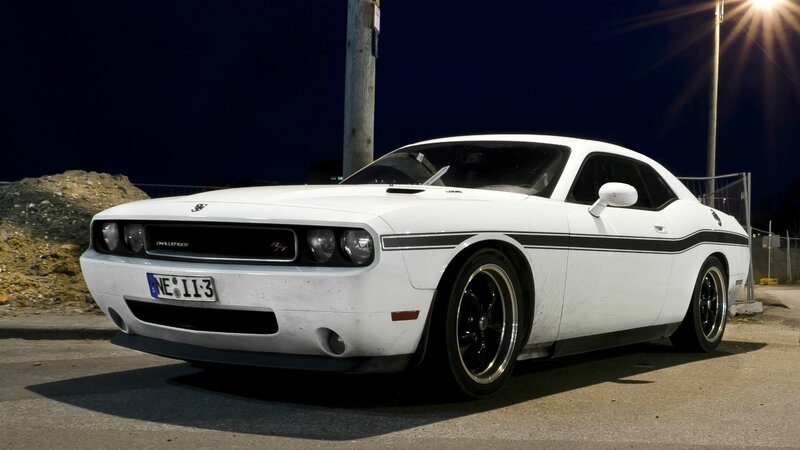 White Dodge Challenger at night