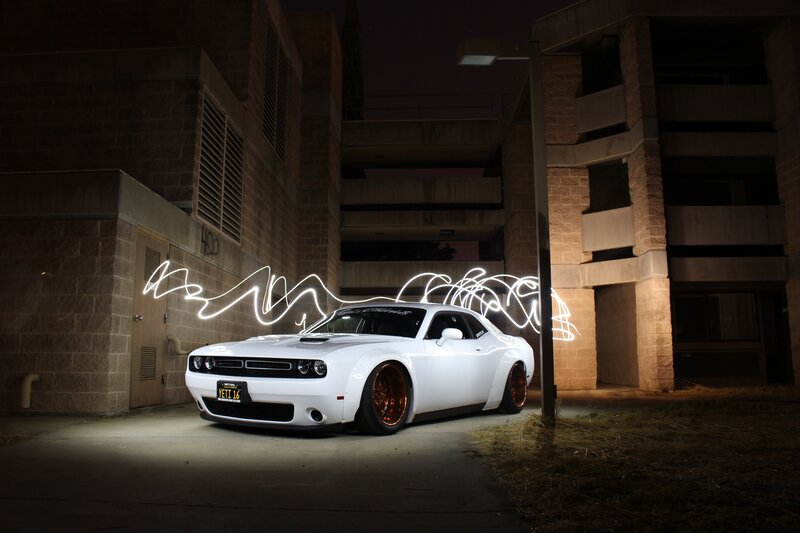 White Dodge Challenger — Dramatic, Night