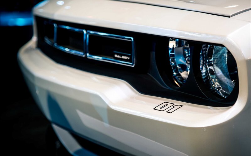 White Dodge Challenger — Dramatic, Photograph, Headlight