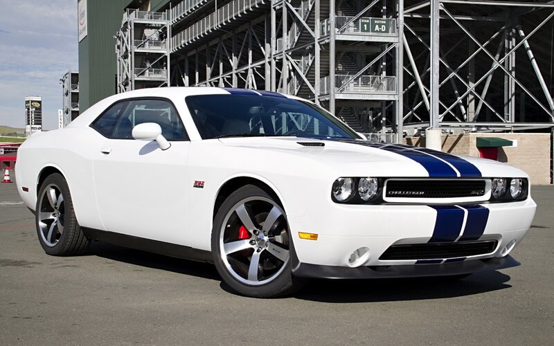 White Dodge Challenger on racetrack