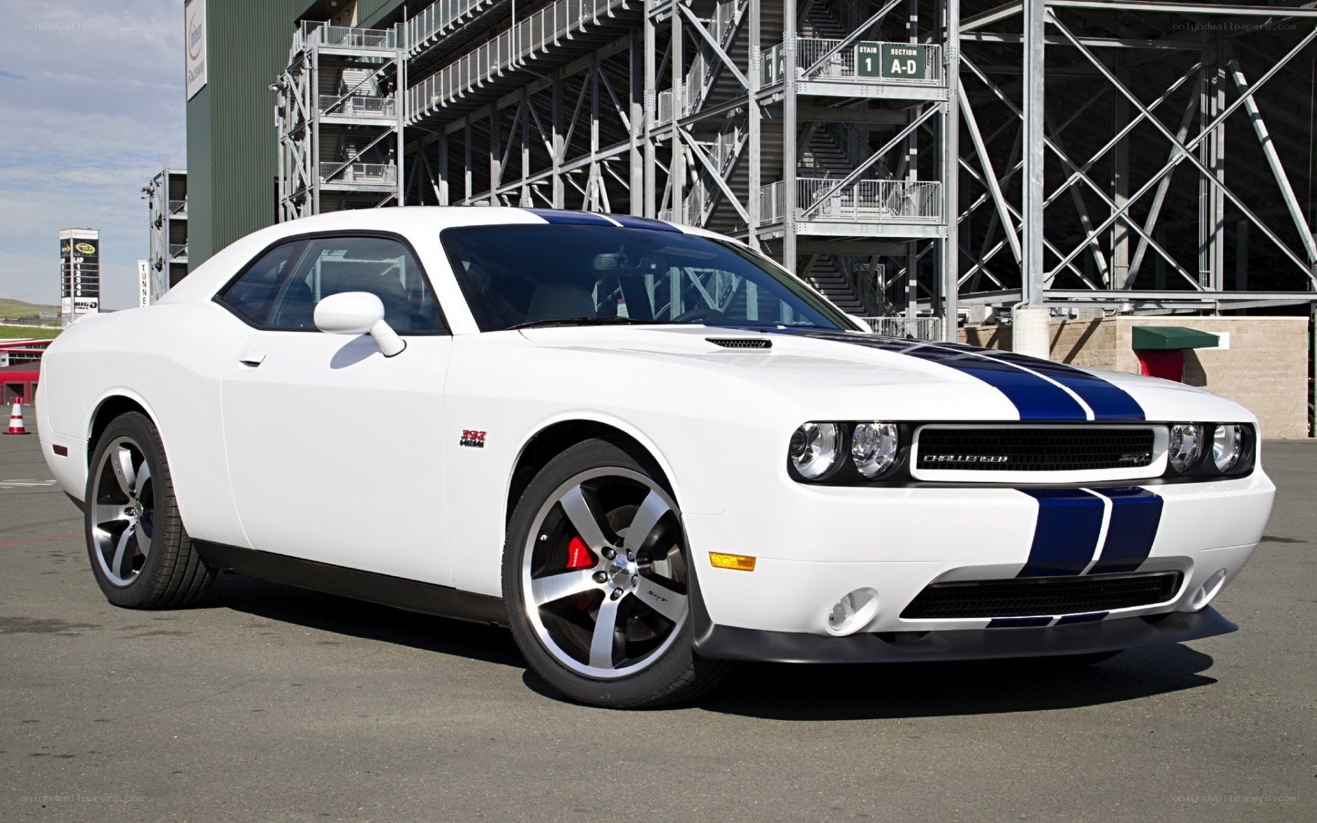 White Dodge Challenger on racetrack
