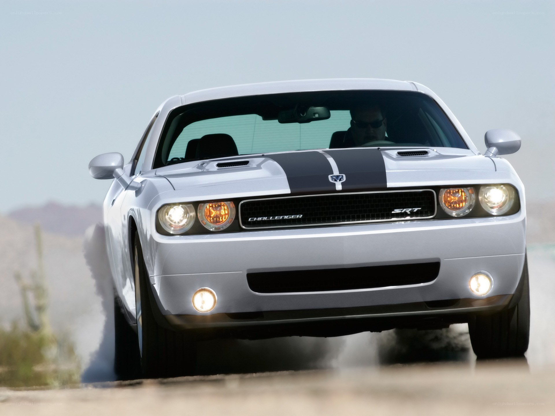 White Dodge Challenger SRT in motion
