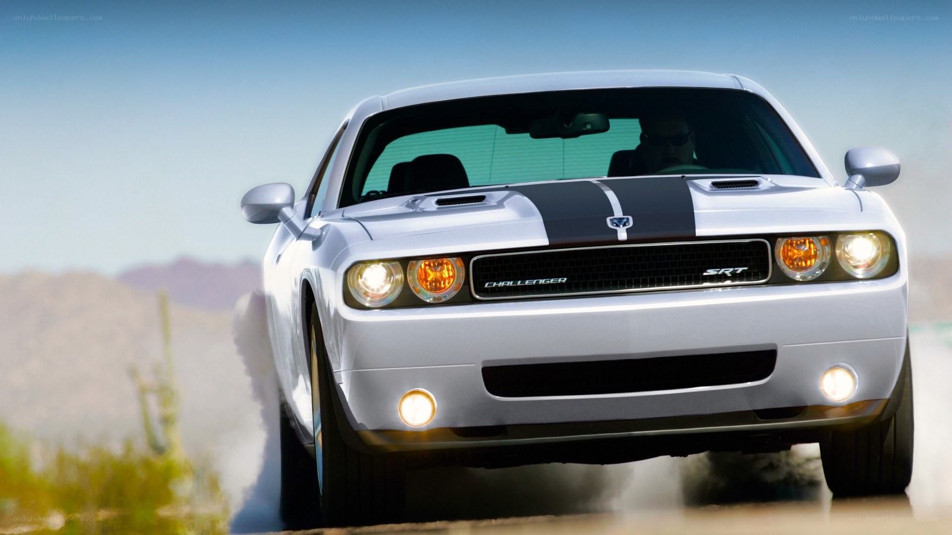 White Dodge Challenger SRT in motion
