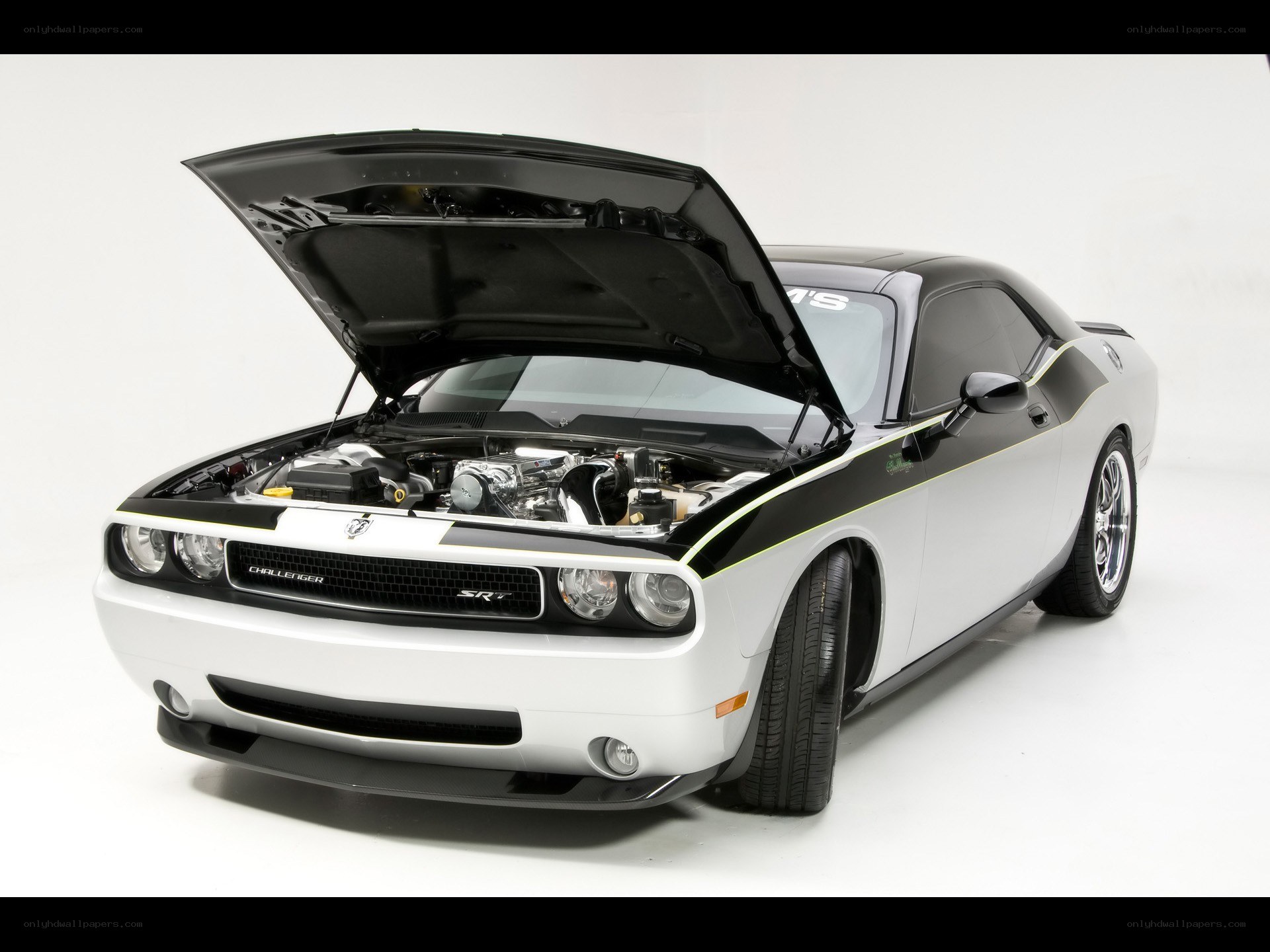White Dodge Challenger SRT with open hood