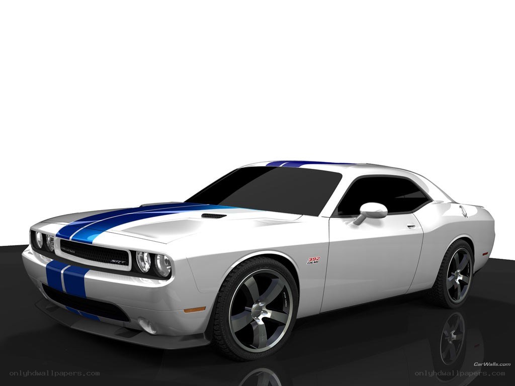 white dodge challenger with blue stripes
