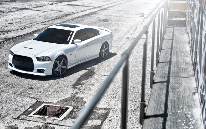 White Dodge Charger — Dramatic, Afternoon, Photograph, Car, Railing