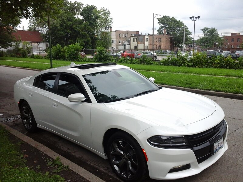 White Dodge Charger — Overcast
