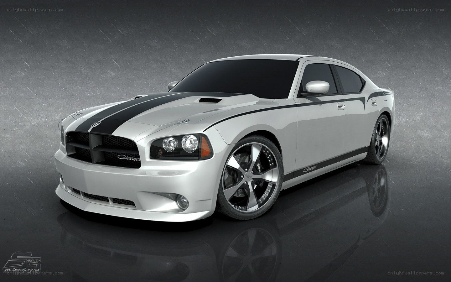 white dodge charger with black stripes