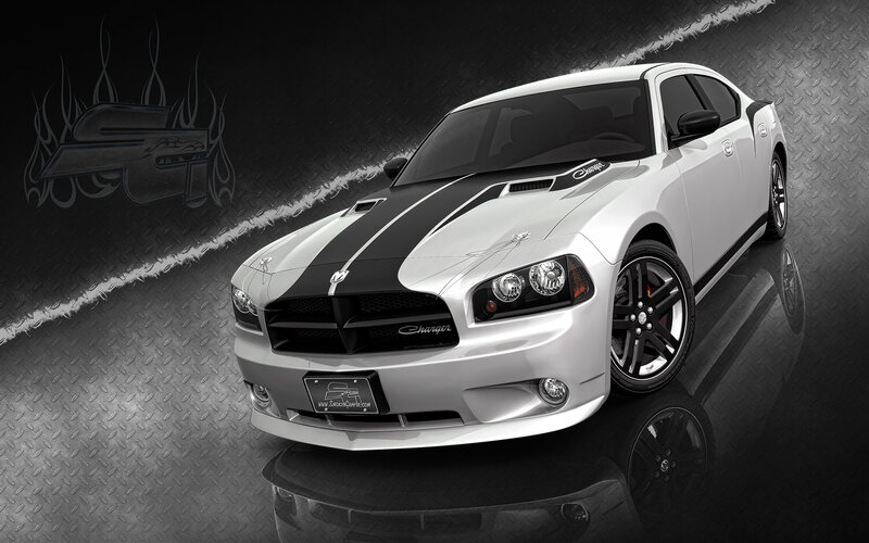 White Dodge Charger with stripes