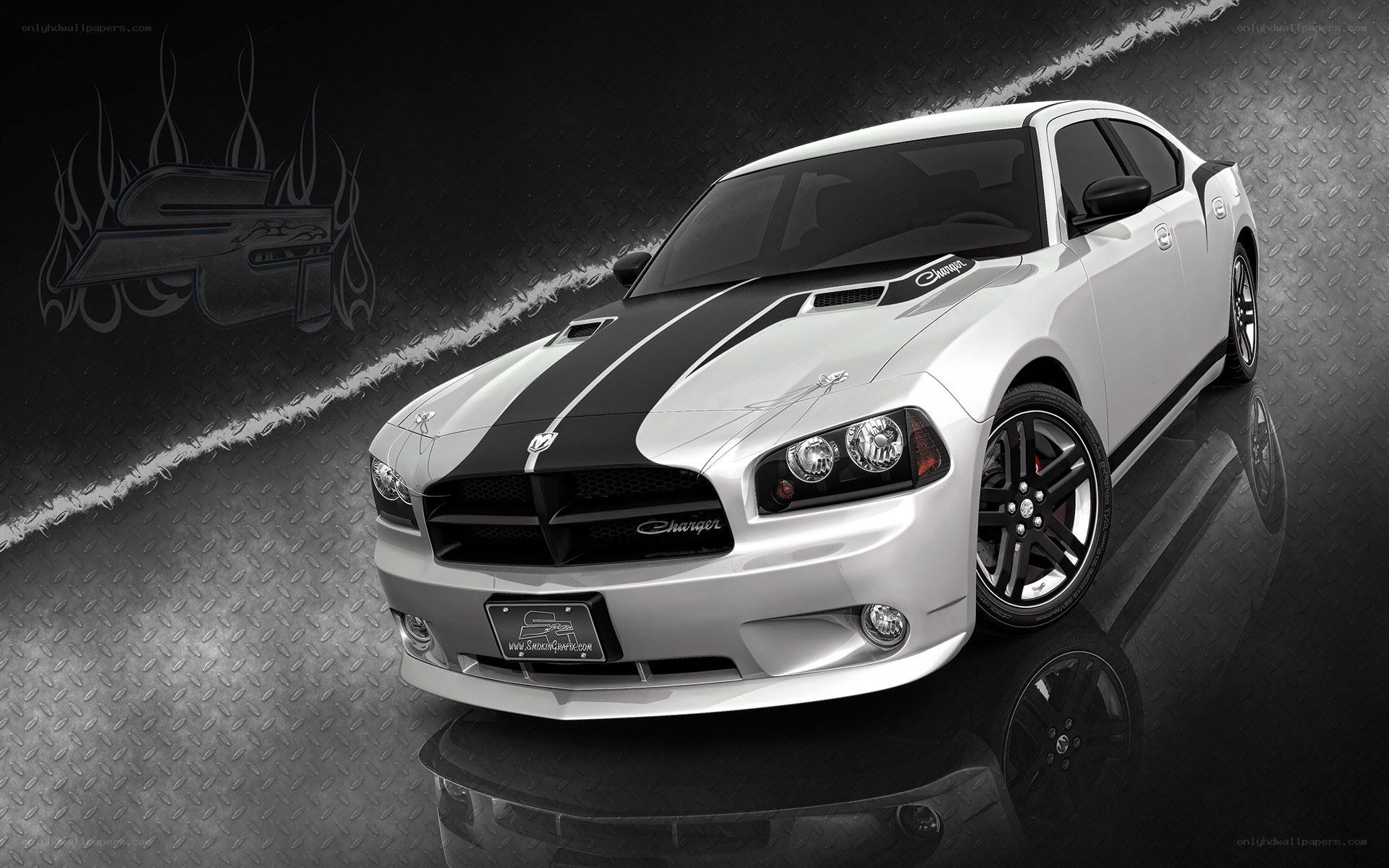 White Dodge Charger with stripes