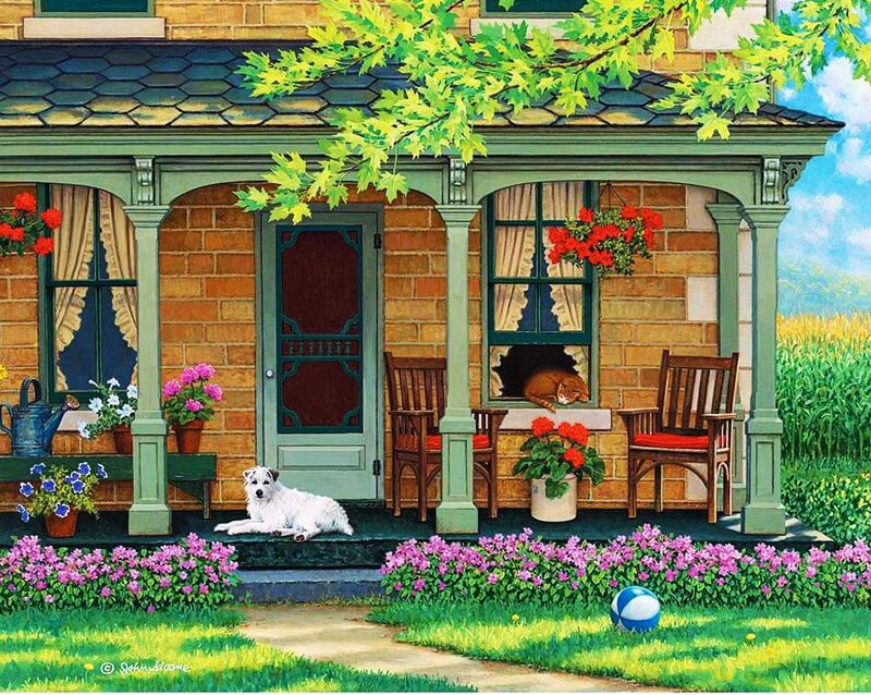 White Dog on Porch — Green