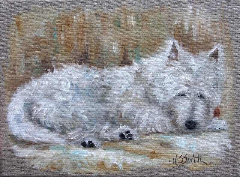 white dog resting painting