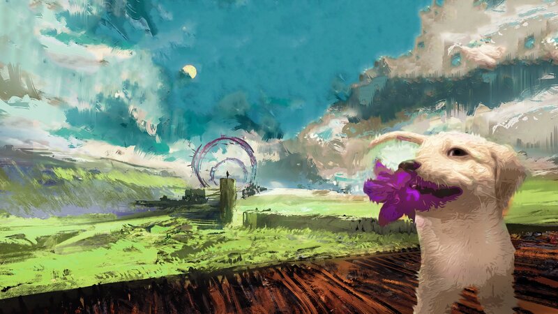 White Dog with Purple Flower