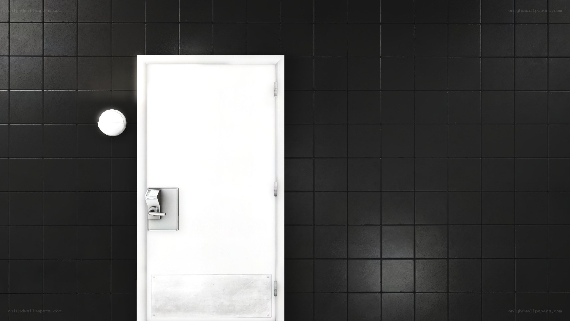 white door in black tiled room