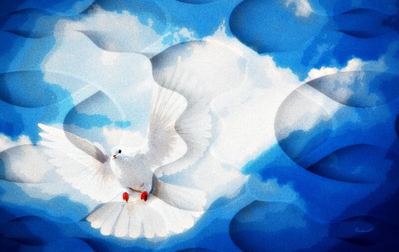 White Dove Flying — Blue, Serene, Digital Art, Clouds