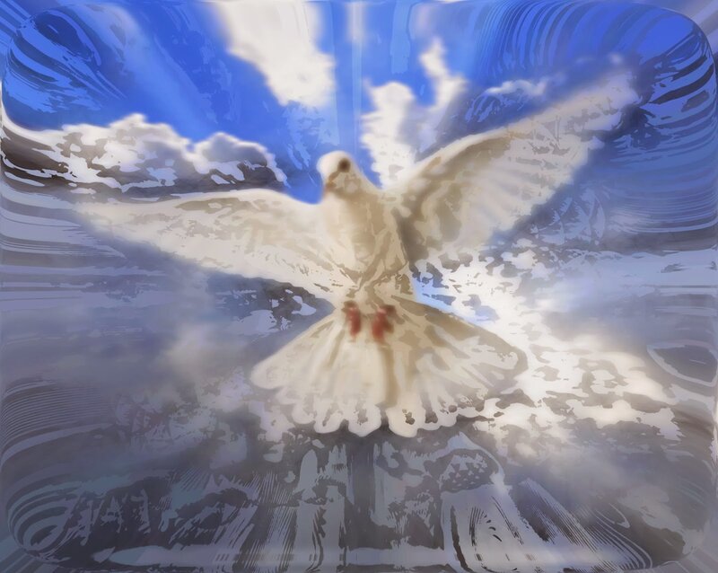 White Dove in Flight — Blue, Serene, Digital Art, Clouds
