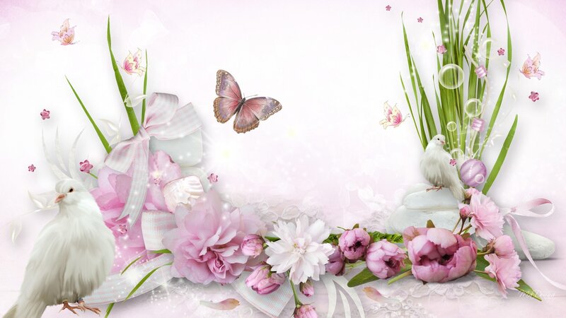 White Doves and Pink Flowers