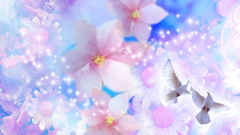 White Doves Flying Among Flowers