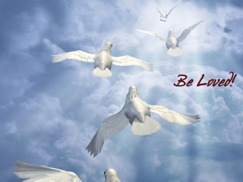 White Doves Flying — Blue, Serene, Digital Art, Clouds, Sky