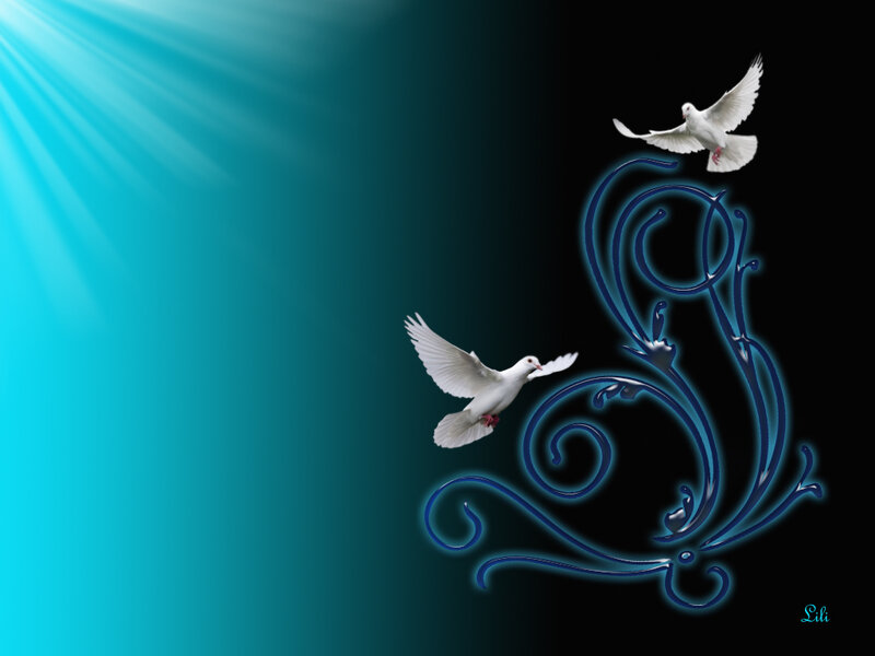 White Doves Flying — Blue, Serene, Digital Art, Light Rays