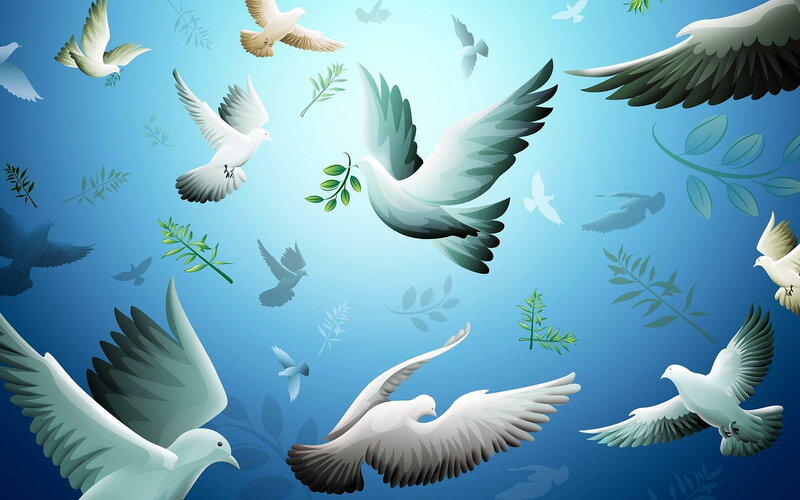 White Doves Flying — Blue, Serene, Digital Art, Olive Branch