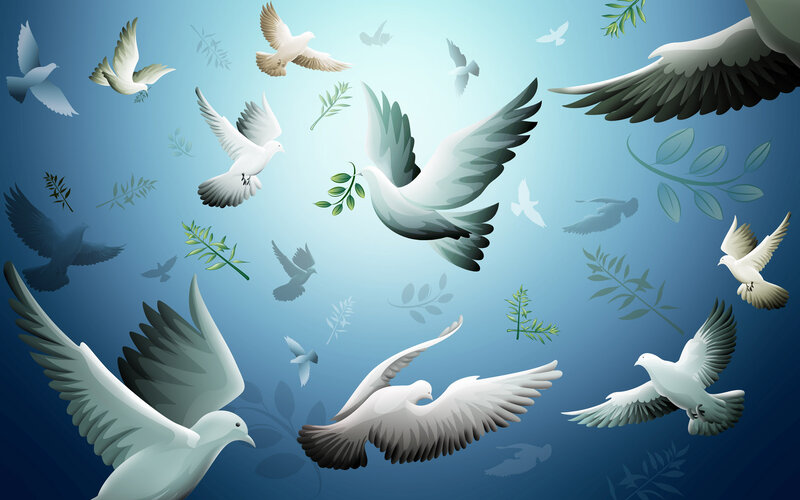 White Doves Flying — Blue, Serene, Digital Art, Olive Branches