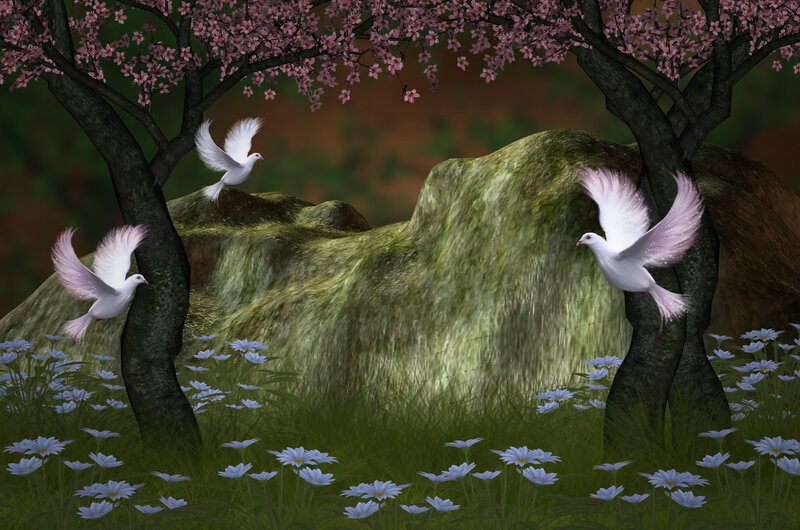 White Doves Flying — Green, Serene
