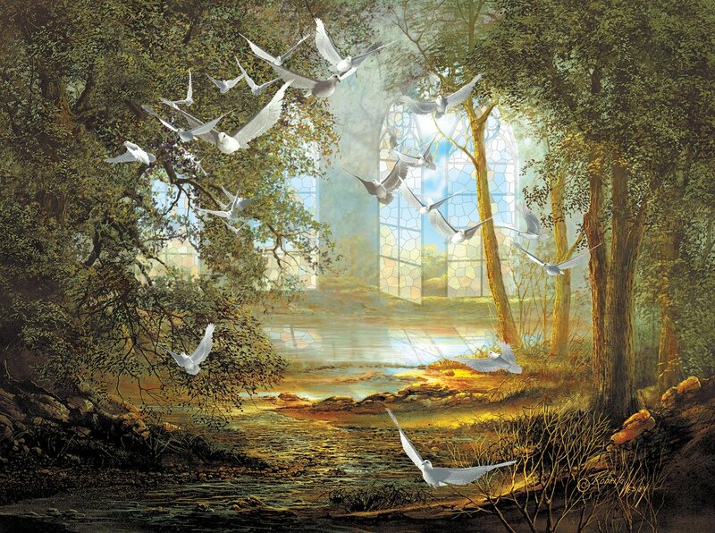 White Doves in Forest — Green, Serene