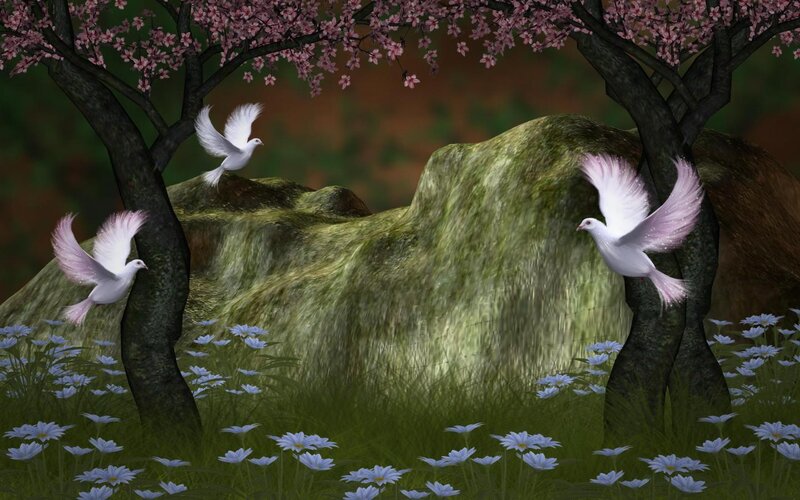 White Doves in Garden — Green, Serene