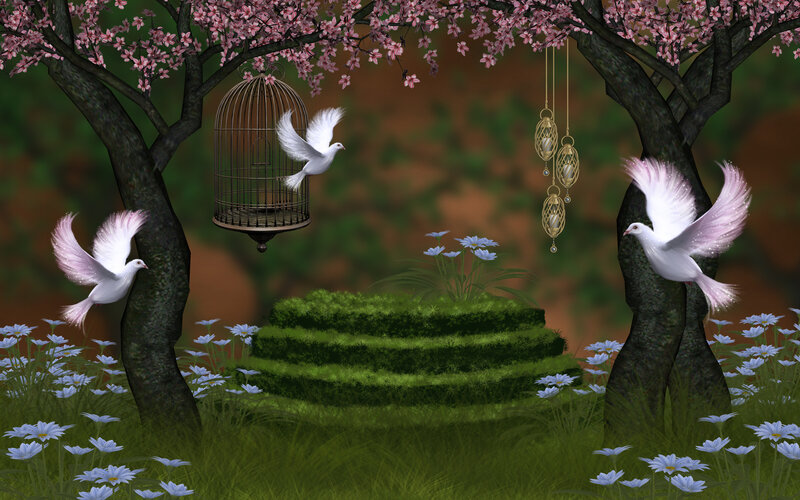 White Doves in Garden — Green