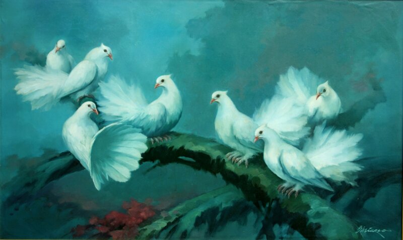 White Doves on Branch — Blue