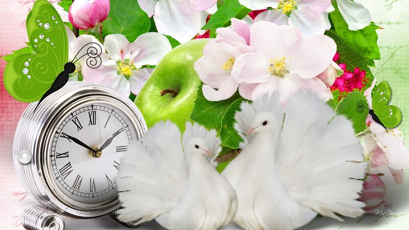 White Doves with Flowers — Green