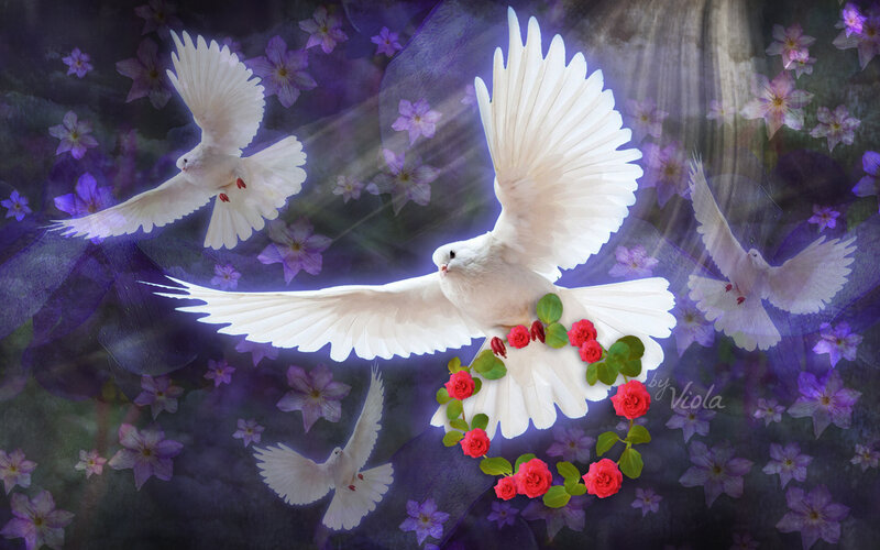 White Doves with Flowers — Purple