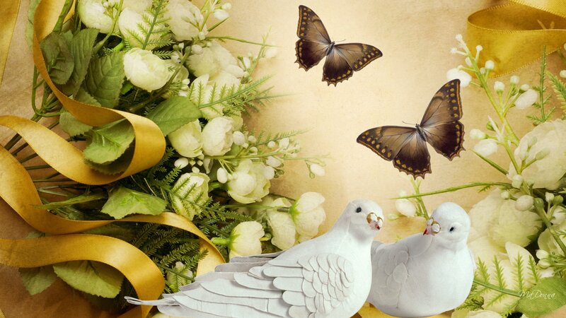 White Doves with Flowers — Serene