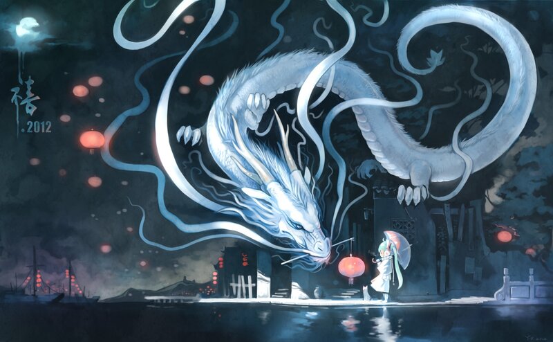 White Dragon and Girl — Blue, Dramatic, Night, Digital Art