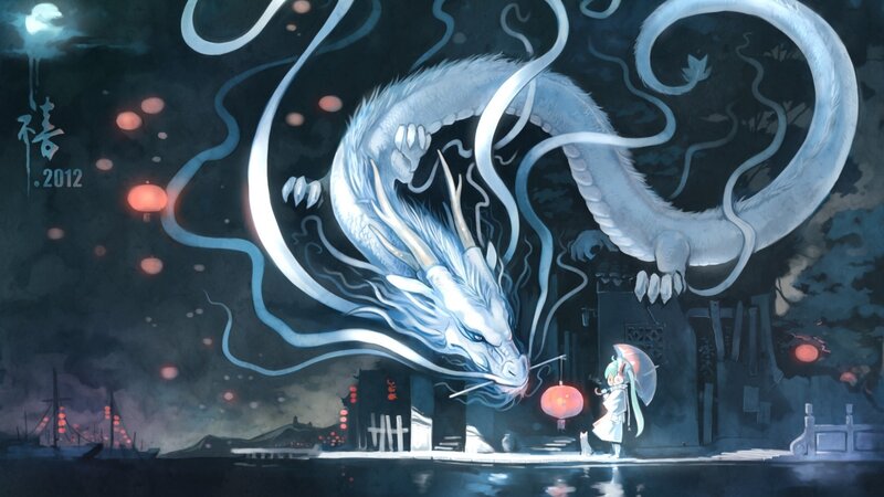 White Dragon and Girl — Blue, Dramatic, Night