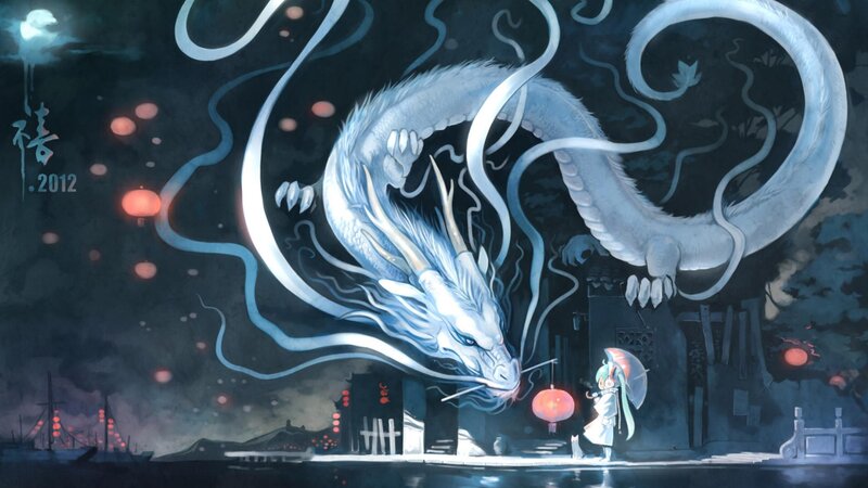 White Dragon and Girl — Blue, Dramatic