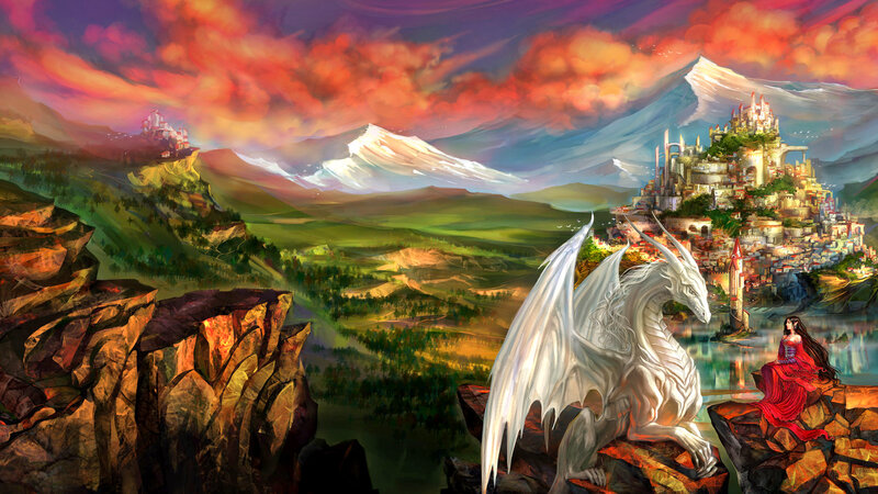 White Dragon and Woman — Red, Dramatic, Sunset