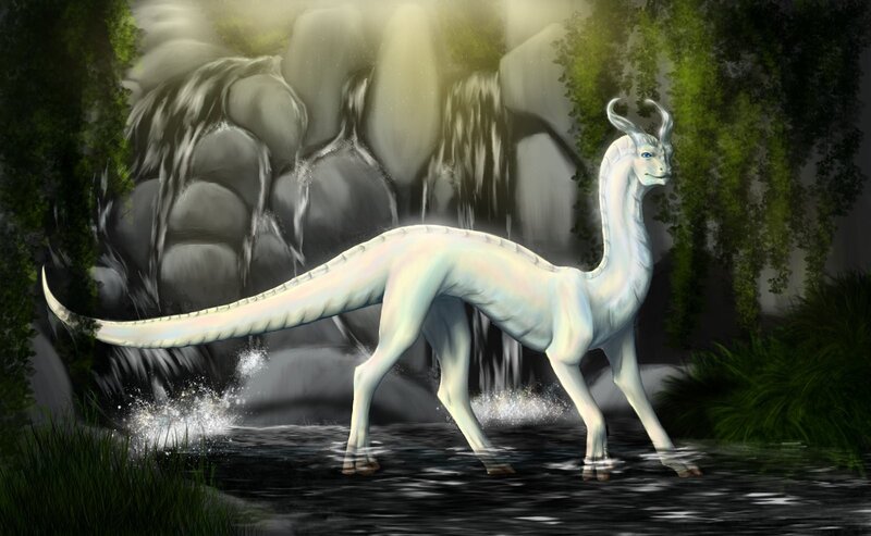 White dragon by waterfall
